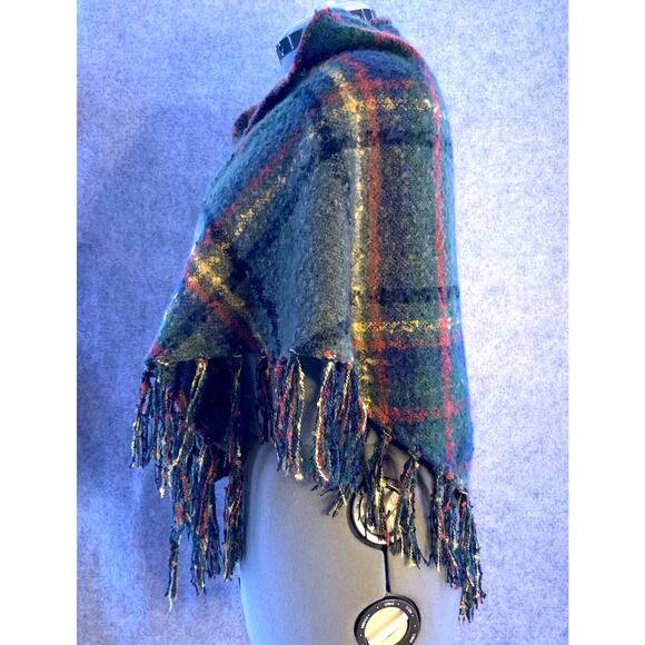 Free People Fall Winter Scarf, Green Blue Plaid Tartan, Boho Shawl With Fringe - Picture 6 of 11
